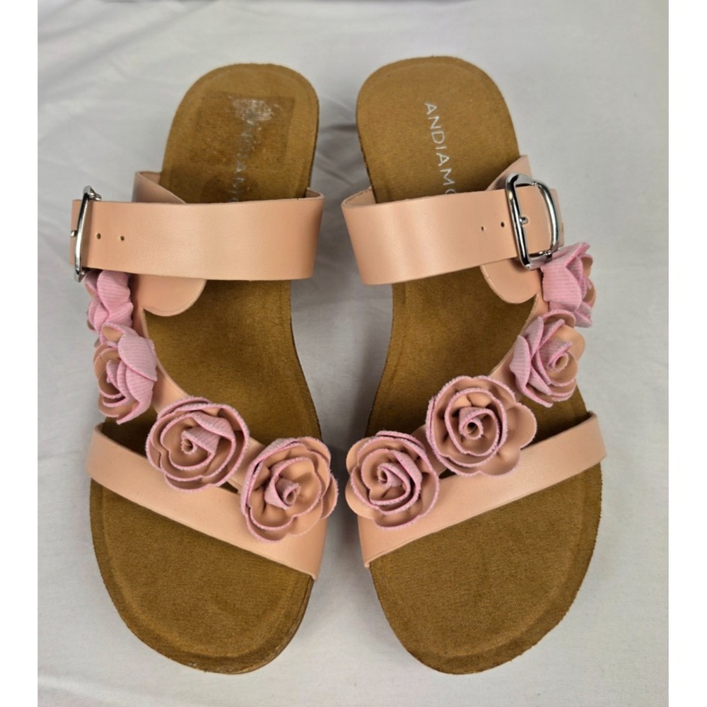 Andiamo Womens 9 Pink Floral Wedge Sandals Cork Heel Flower Buckle NWOB